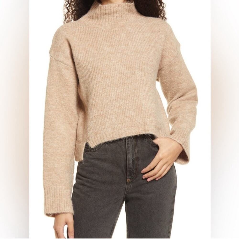 Topshop Tan Mock Neck Knit Sweater Loose Fit Beige Turtleneck Size 8 10